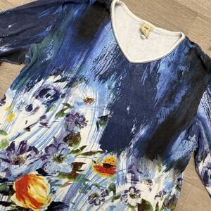 Jess & Jane USA XL Floral Art Top Blue V Neck Rhinestone 3/4 Sleeve Cotton